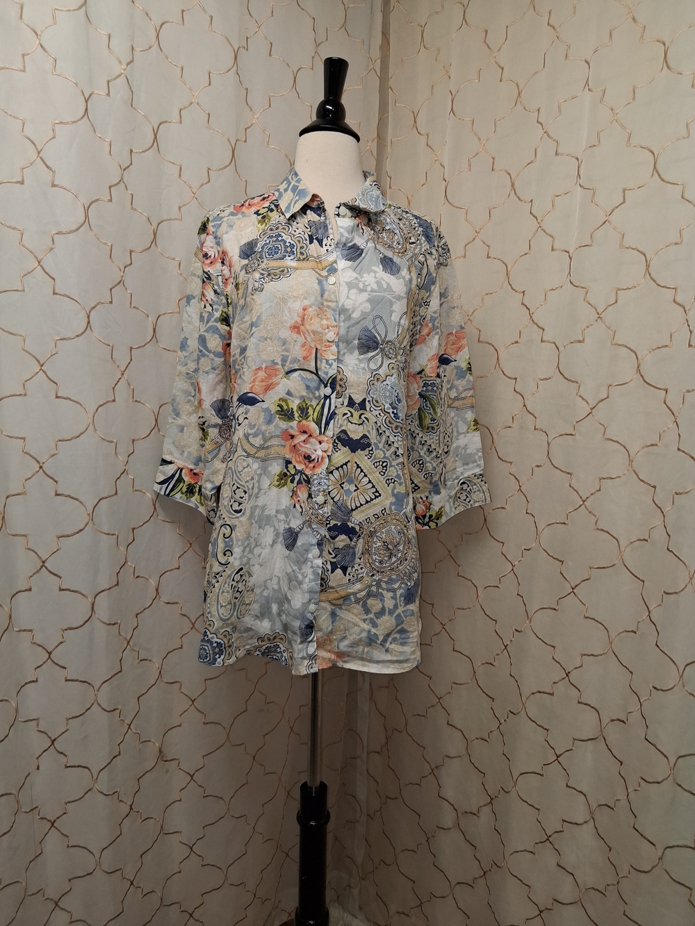 Chico's Floral Paisley Linen Shirt in Light Blue, Peach and Navy